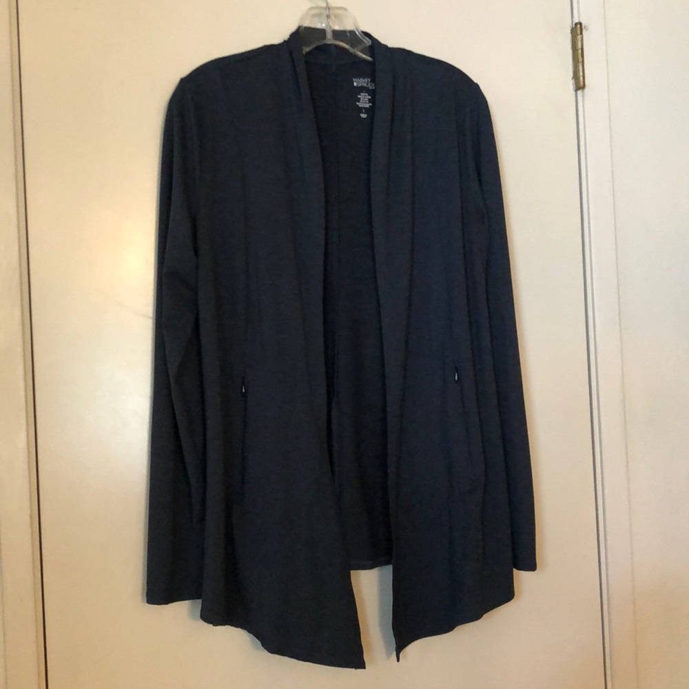 Open jacket with zip slash pockets dark heathered Teal Women’s size L  EUC